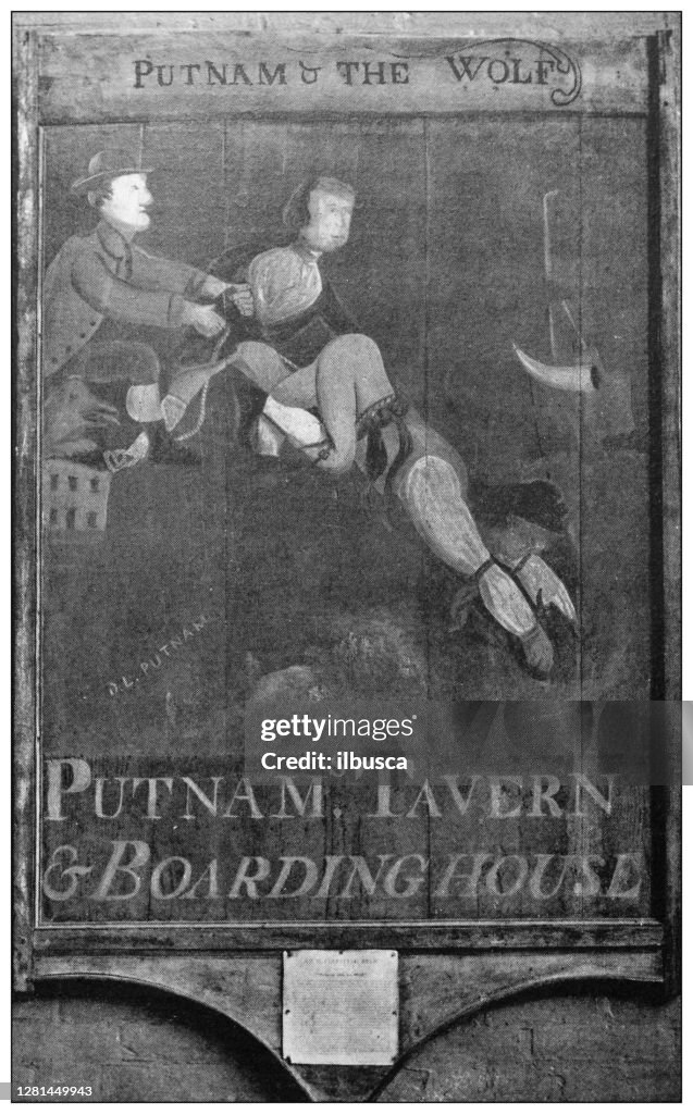 Antique black and white photograph of historic towns of the middle States: Saratoga Springs, Putnam's Tavern sign