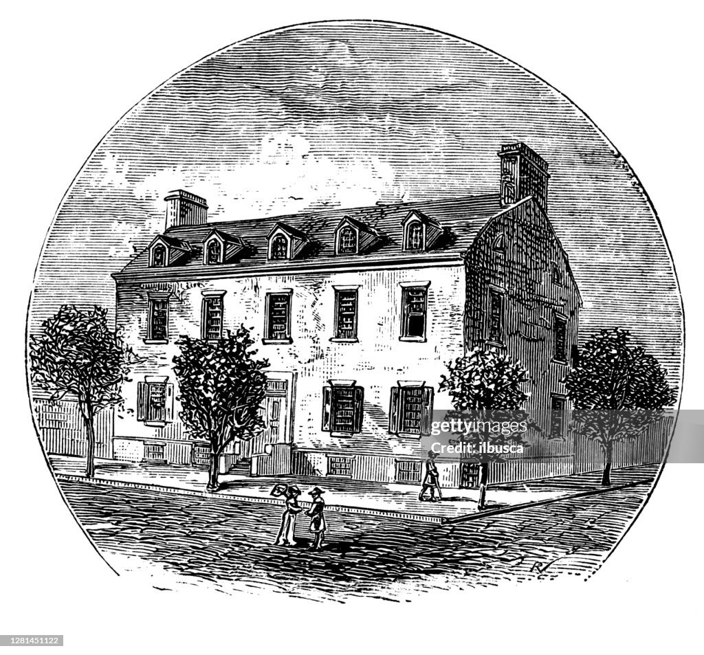 Antik illustration av historiska städer i mellanstaterna: Schenectady, Union College, 1795