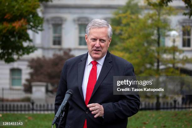 White House Chief of Staff Mark Meadows talks to reporters at the White House on October 21, 2020 in Washington, DC.