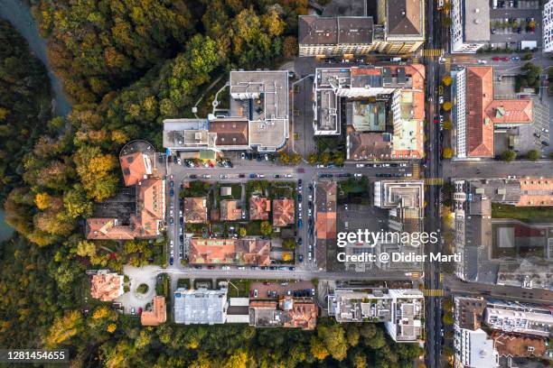 aerial top down view of the perolles district in the fribourg in switzelrand - switzerland city stock-fotos und bilder