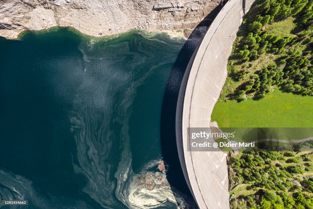 Top down view of the Sambuco artificial lake and dam, in Canton Ticino in Switzerland