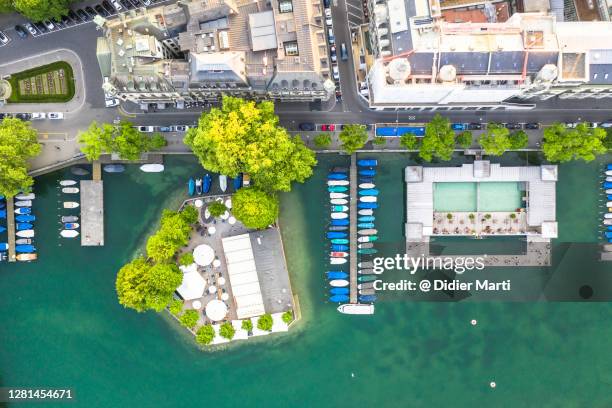 top down view of the zurich waterfront along the limmat river in switzerland - zurich skyline stock-fotos und bilder