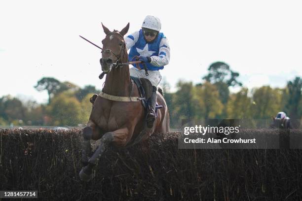 Joshua Moore riding Bad Boy du Pouldu clear the last to win The HOTSR Celebrates 25 Years Of Winners Handicap Chase at Fontwell Park Racecourse on...