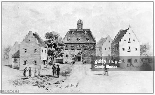 antique illustration of historic towns of the middle states: new york, the stadt huys - stadt stock illustrations