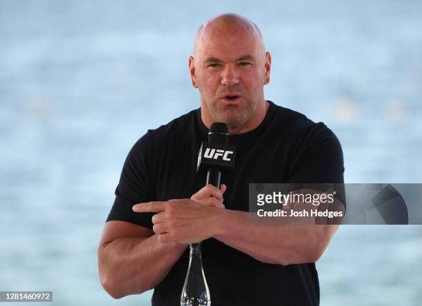 President Dana White interacts with media during the UFC 254 press conference at Yas Beach on October 21, 2020 on UFC Fight Island, Abu Dhabi, United...
