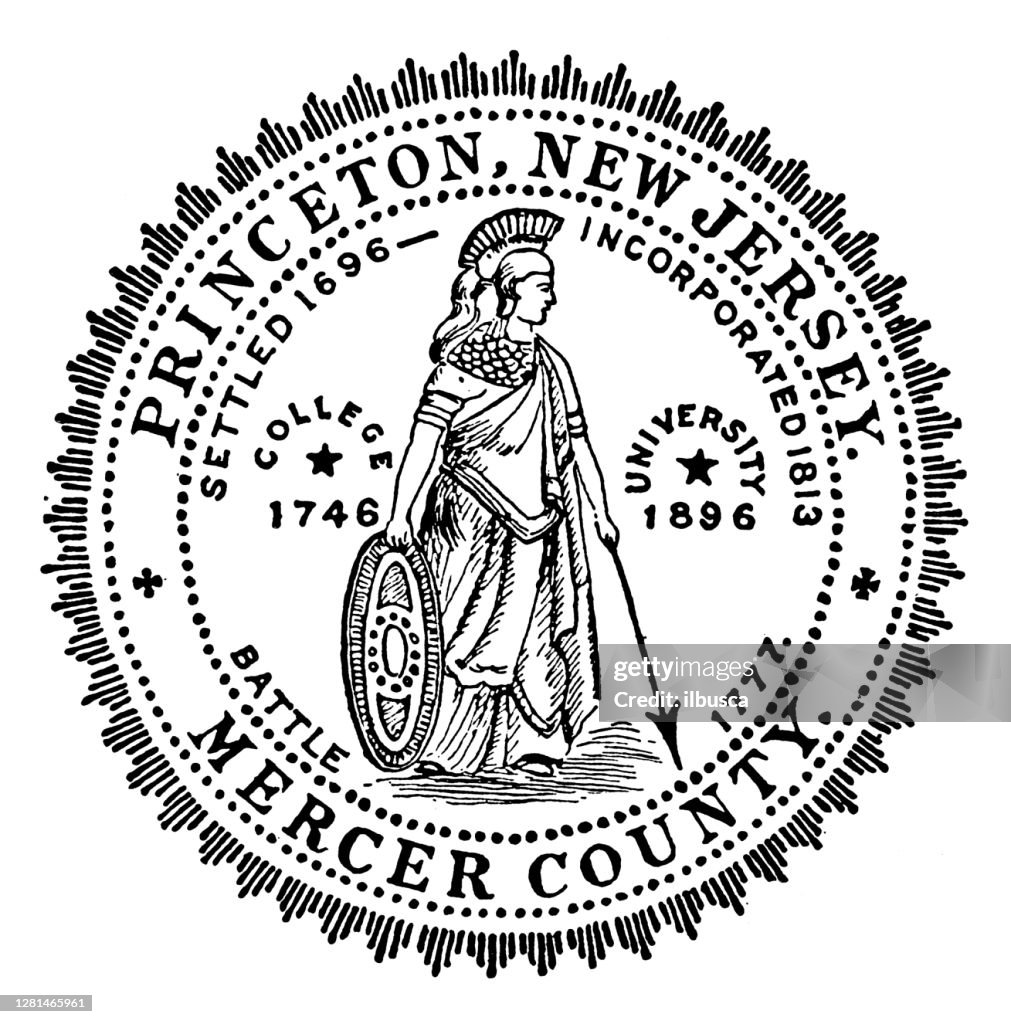 Antike Illustration historischer Städte der Mittelstaaten: Princeton, Stadtsiegel