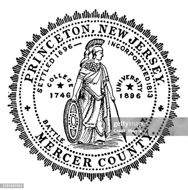 antique illustration of historic towns of the middle states: princeton, town seal - princeton university stock illustrations