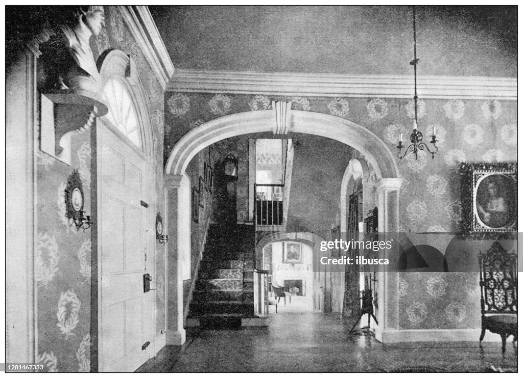 Antique black and white photograph of historic towns of the middle States: Princeton, Morven house interiors