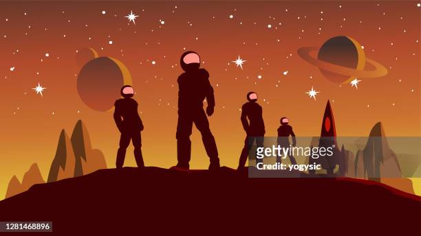 illustrazioni stock, clip art, cartoni animati e icone di tendenza di illustrazione del team di astronauti vettoriali sulla superficie del pianeta - spazio cosmico