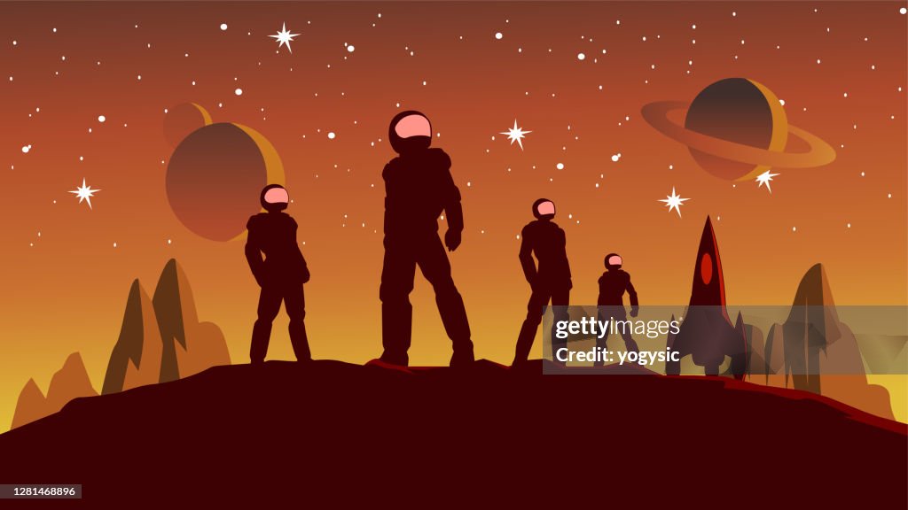 Vector Astronaut Team Silhouette på Planet Surface Stock Illustration
