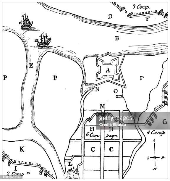 ilustraciones, imágenes clip art, dibujos animados e iconos de stock de ilustración antigua de ciudades históricas de los estados medios: wilmington, plan of christina fort, 1655 - wilmington delaware