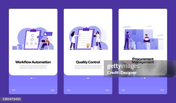 product management concept onboarding mobile app page screen with flat icons. ux, ui design template vector illustration - quality engineer stock illustrations