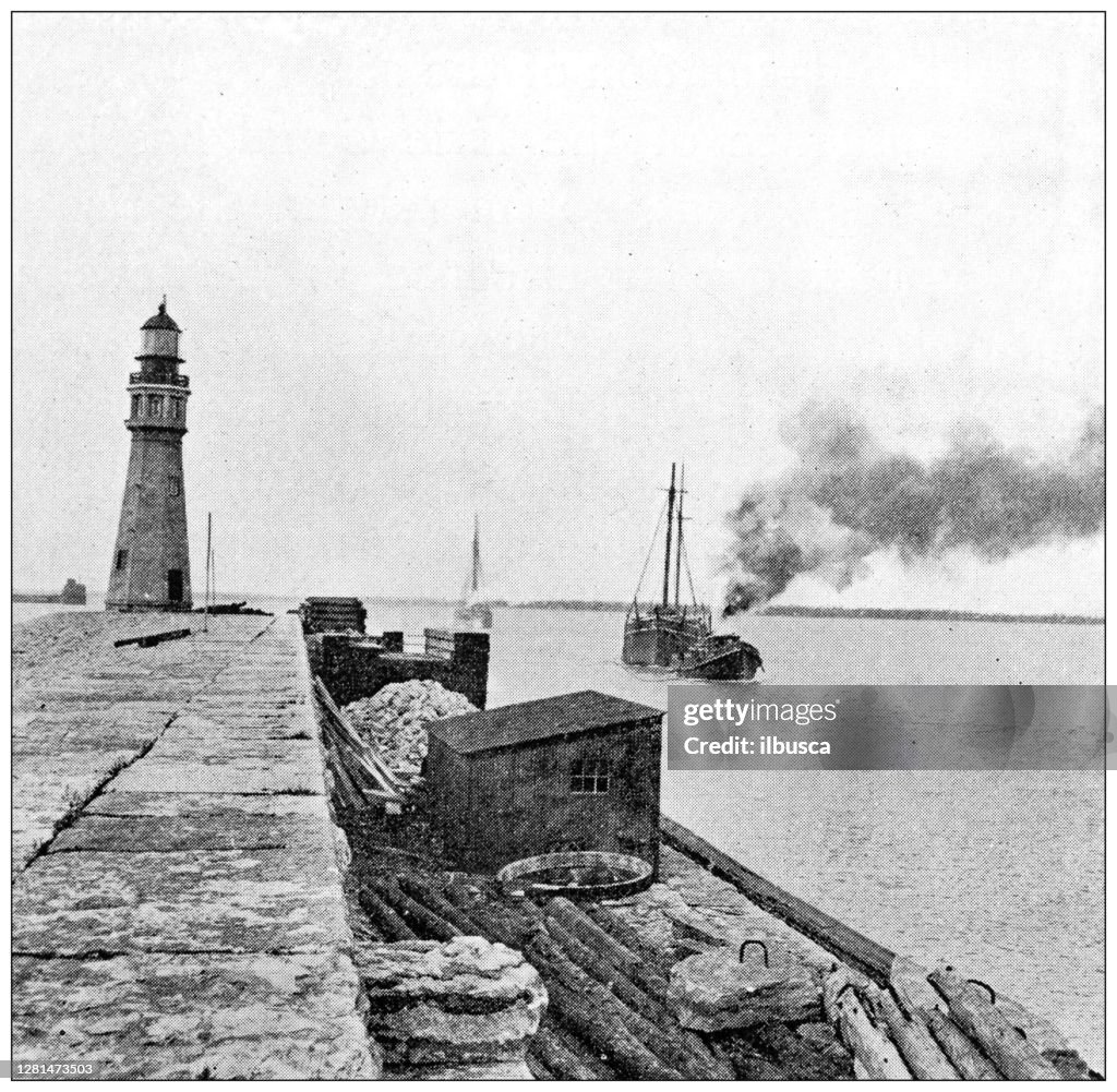 Antique black and white photograph of historic towns of the middle States: Buffalo, Beacon on old breakwater