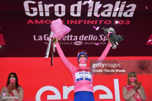 Podium / Joao Almeida of Portugal and Team Deceuninck - Quick-Step Pink Leader Jersey / Celebration / Flowers / Mascot / Miss / Hostess / during the...