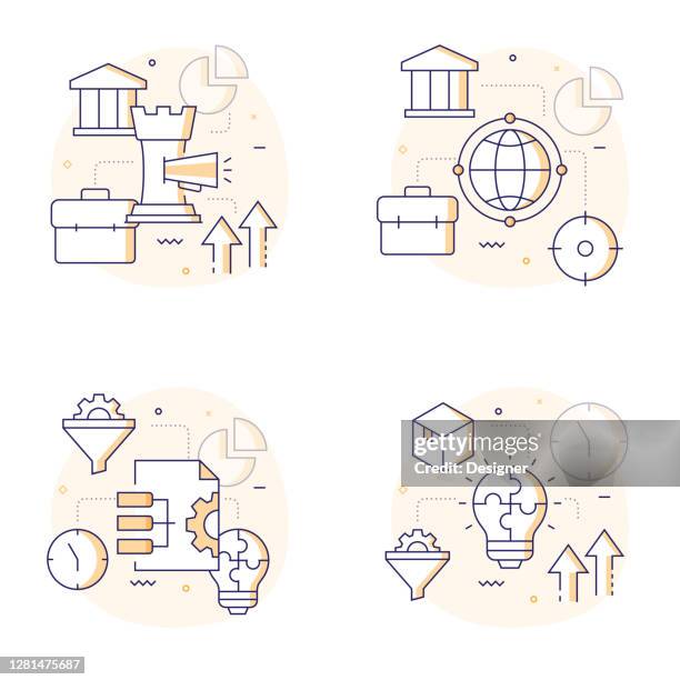product management related modern line style vector illustration - looking at empty warehouse stock illustrations