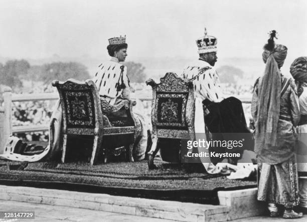 King George V of Great Britain and Queen Mary at the Coronation Durbar in Delhi, 12th December 1911.