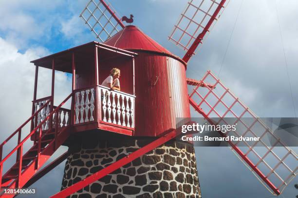 blonde woman in a red windmill - pico azoren stockfoto's en -beelden