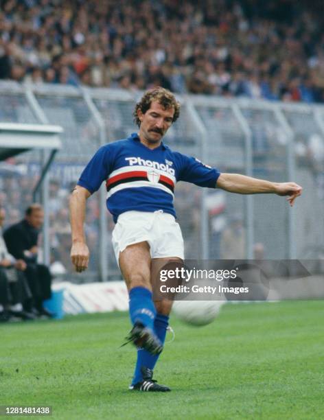 Sampdoria player Graeme Souness pictured in action during a match against Ascoli in a Serie A match circa August 1984 in Genoa, Italy.
