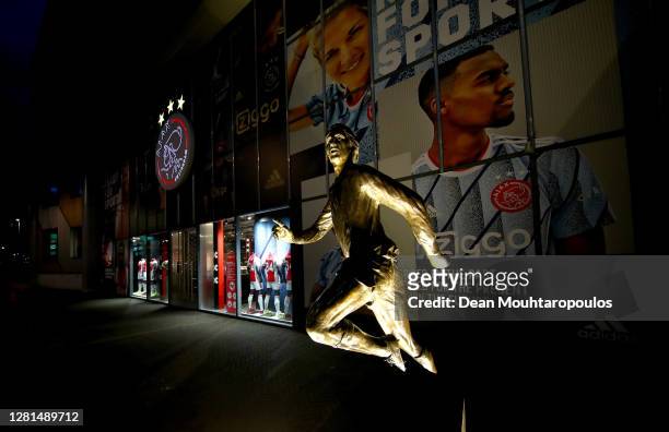 Statue of Johan Cruijff is seen outside the stadium prior to the UEFA Champions League Group D stage match between Ajax Amsterdam and Liverpool FC at...
