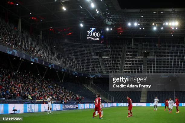 General view inside the stadium as a screen displays the attendance during the UEFA Champions League Group A stage match between RB Salzburg and...