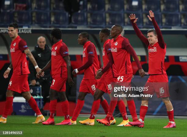 Zlatko Junuzovic of RB Salzburg celebrates scoring his sides second goal during the UEFA Champions League Group A stage match between RB Salzburg and...