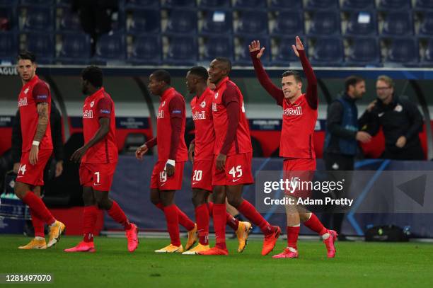 Zlatko Junuzovic of RB Salzburg celebrates scoring his sides second goal during the UEFA Champions League Group A stage match between RB Salzburg and...