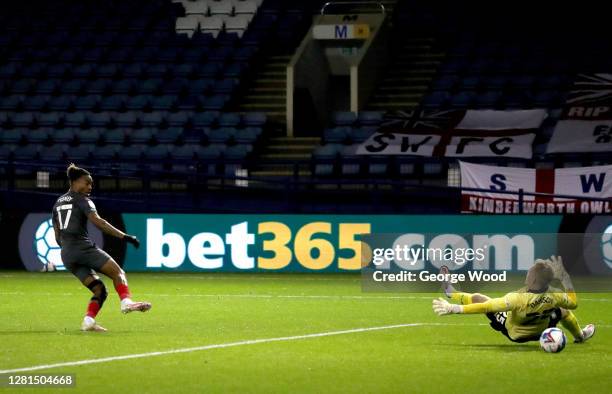 Ivan Toney of Brentford FC scores his sides first goal during the Sky Bet Championship match between Sheffield Wednesday and Brentford at...