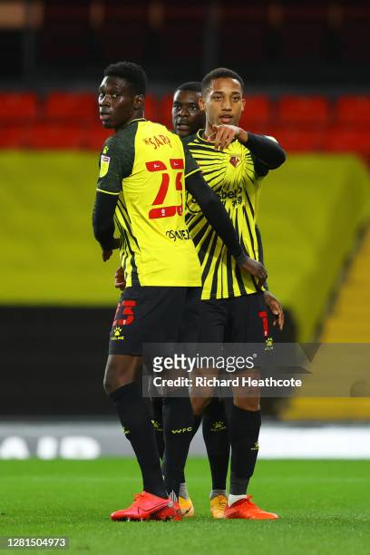 Joao Pedro of Watford celebrates with teammate Ismaila Sarr after scoring his sides first goal during the Sky Bet Championship match between Watford...