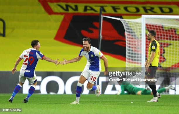 Ben Brereton of Blackburn Rovers celebrates with teammate Corry Evans after scoring his sides first goal during the Sky Bet Championship match...