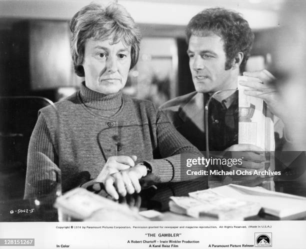 Jacqueline Brookes with her son James Caan in a scene from the film 'The Gambler', 1974.