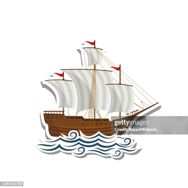 sailboat label paper sticker on white background. vector - wooden boat stock illustrations