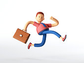 3d render. Man with briefcase runs, businessman cartoon character in a hurry, simple business career clip art isolated on white background.