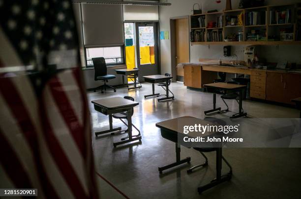 Kindergarten room sits empty at Rogers International School as students from that class quarantine at home, according to parents, on October 21, 2020...