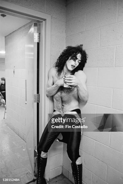 Guitarist Paul Stanley, of American rock group Kiss, backstage in Detroit, Michigan, 1975.