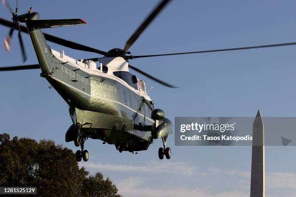 Marine One takes off with U.S. President Donald Trump on the South Lawn of the White House on October 21, 2020 in Washington, DC. President Trump is...