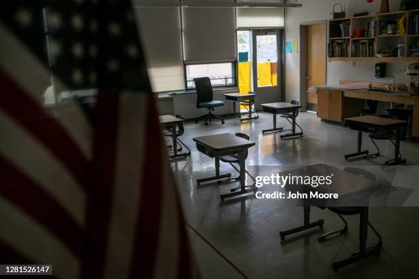 Kindergarten room sits empty at Rogers International School as students from that class quarantine at home, according to parents, on October 21, 2020...