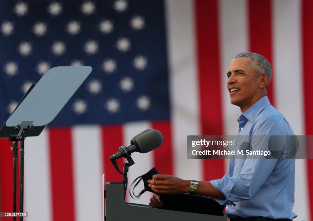 Prez Obama Rally Former U.S. President Barack Obama speaks during a drive-in rally ...
