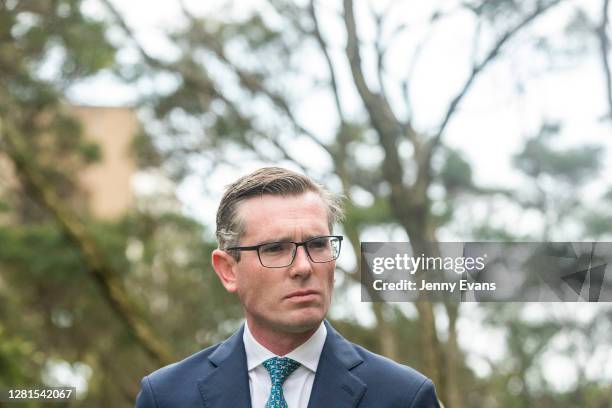 Treasurer Dominic Perrottet looks on during a press conference at Parliament House on October 22, 2020 in Sydney, Australia. The NSW Government has...
