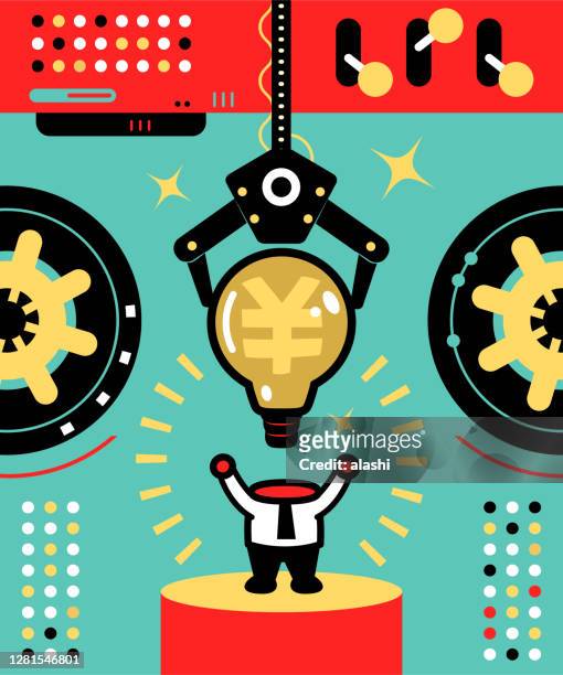 ロボットアームは、ビジネスマンの頭としてドル記号を持つアイデア電球を使用しています。より多くのお金を稼ぐためにあなたの脳を訓練(再配線)するには(財政的な成功) - 工場　日本点のイラスト素材／クリップアート素材／マンガ素材／アイコン素材