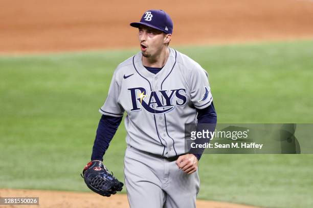 Blake Snell of the Tampa Bay Rays celebrates after retiring the side against the Los Angeles Dodgers during the fourth inning in Game Two of the 2020...