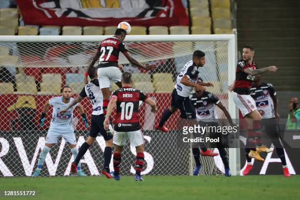Bruno Henrique of Flamengo heads the ball to score the third goal of his team during a Group A match of Copa CONMEBOL Libertadores 2020 between...