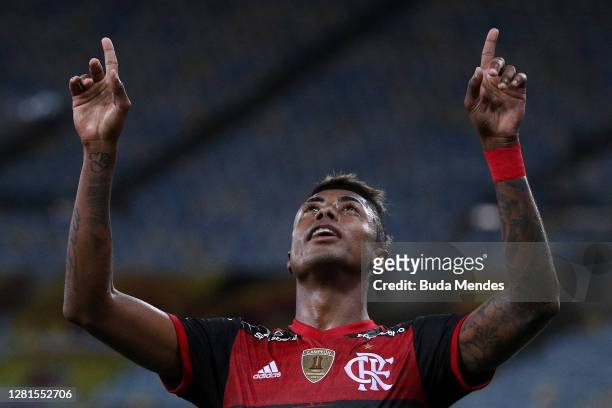 Bruno Henrique of Flamengo celebrates after scoring the third goal of his team during a Group A match of Copa CONMEBOL Libertadores 2020 between...