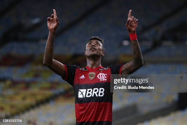 Bruno Henrique of Flamengo celebrates after scoring the third goal of his team during a Group A match of Copa CONMEBOL Libertadores 2020 between...