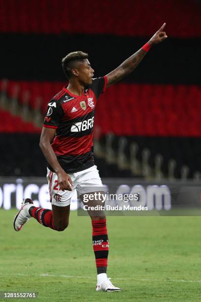 Bruno Henrique of Flamengo celebrates after scoring the third goal of his team during a Group A match of Copa CONMEBOL Libertadores 2020 between...