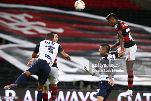 Bruno Henrique of Flamengo heads the ball to score the third goal of his team during a Group A match of Copa CONMEBOL Libertadores 2020 between...