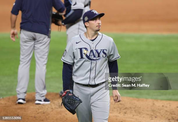Blake Snell of the Tampa Bay Rays is taken out of the game against the Los Angeles Dodgers during the fifth inning in Game Two of the 2020 MLB World...