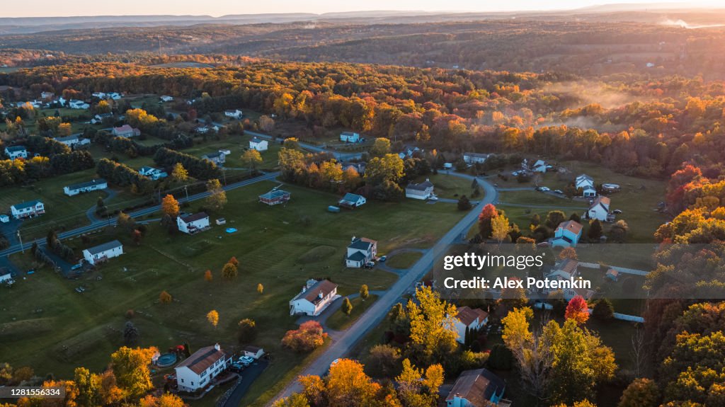Sunset over the small American town in mountains.