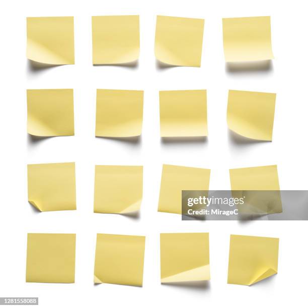yellow adhesive notes collection - post it fotografías e imágenes de stock