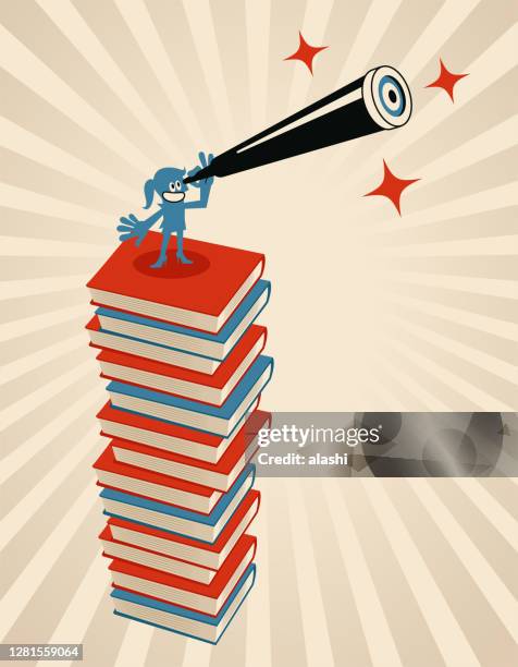 ilustrações de stock, clip art, desenhos animados e ícones de one woman is standing on a pile of books and looking through a hand-held telescope; never stop learning; to invest in yourself; taking learning a step further; knowledge is the power which helps move one step forward - editor