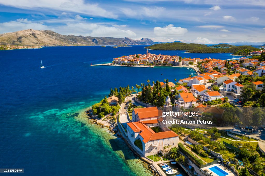 Aerial view of Korcula (Korčula) town on Korcula island, Croatia